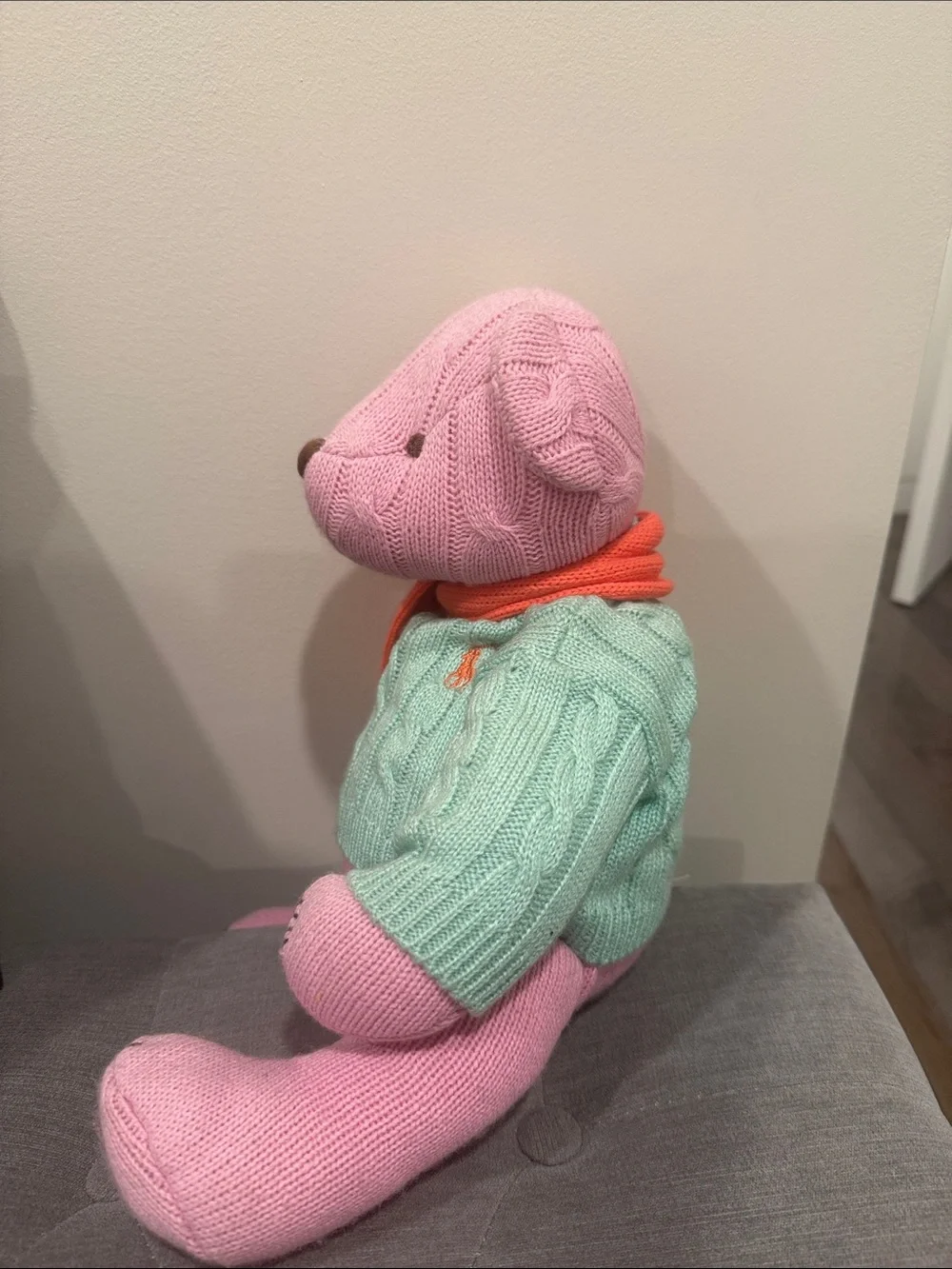 Ralph Lauren Pink Knit Teddy with Mint Sweater and Bright Salmon Color Scarf